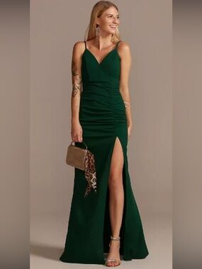 David's Bridal Emerald Sundae Hunter Green Crepe Gown Ruching XL NWT